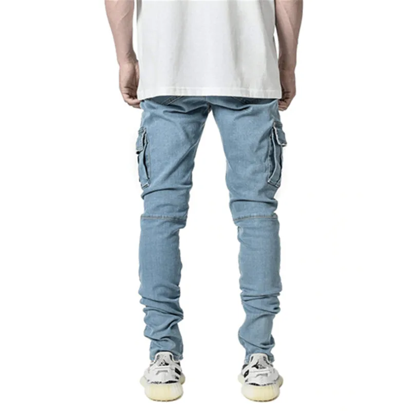 New Men's Jeans Side Pockets Slim Fit Casual Streetwear Men's Jeans Full Length Pencil Pants Denim Trousers