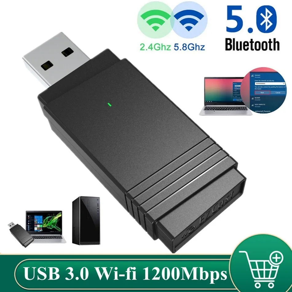 

USB 3.0 Wi-fi 1200Mbps Adapter Dual Band 2.4Ghz/5.8Ghz Bluetooth 5.0/WiFi 2 in 1 Antenna Dongle MU-MIMO Adapter for PC Laptops