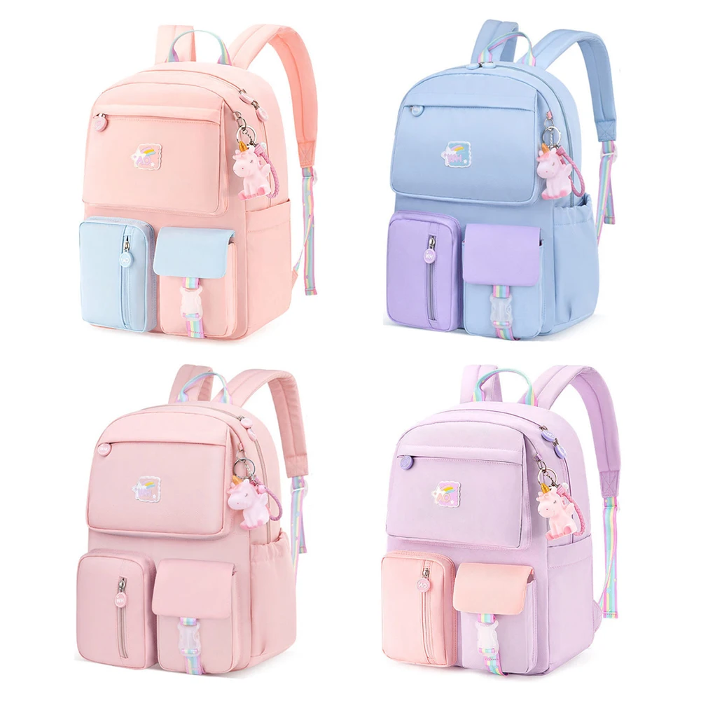 

Student Backpacks Hit Color Middle School Girl Daypack Rucksack with Pendant