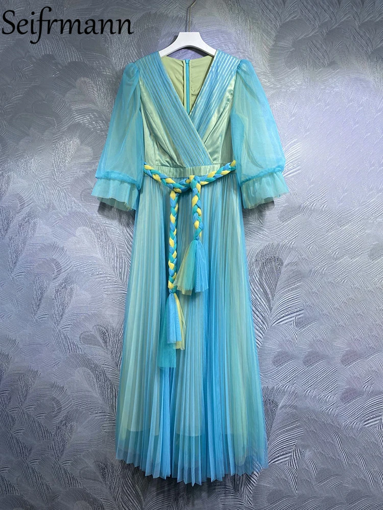 Seifrmann High Quality Summer Women Fashion Designer Pleated Dress With Belt Half Sleeve Colorblock Printed Mesh Long Dresses