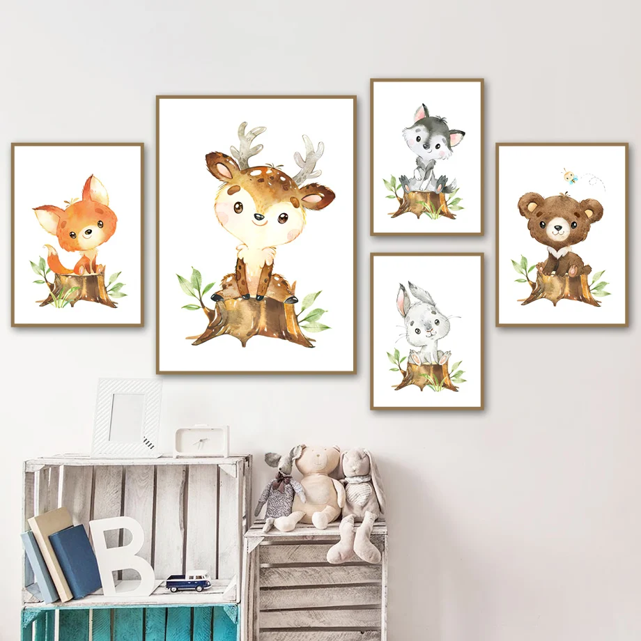 

Cute Jungle Animals Nordic Posters Fox Rabbit Deer Zebra Squirrel Bear Wall Art Canvas Painting Wall Pictures Kids Room Decor