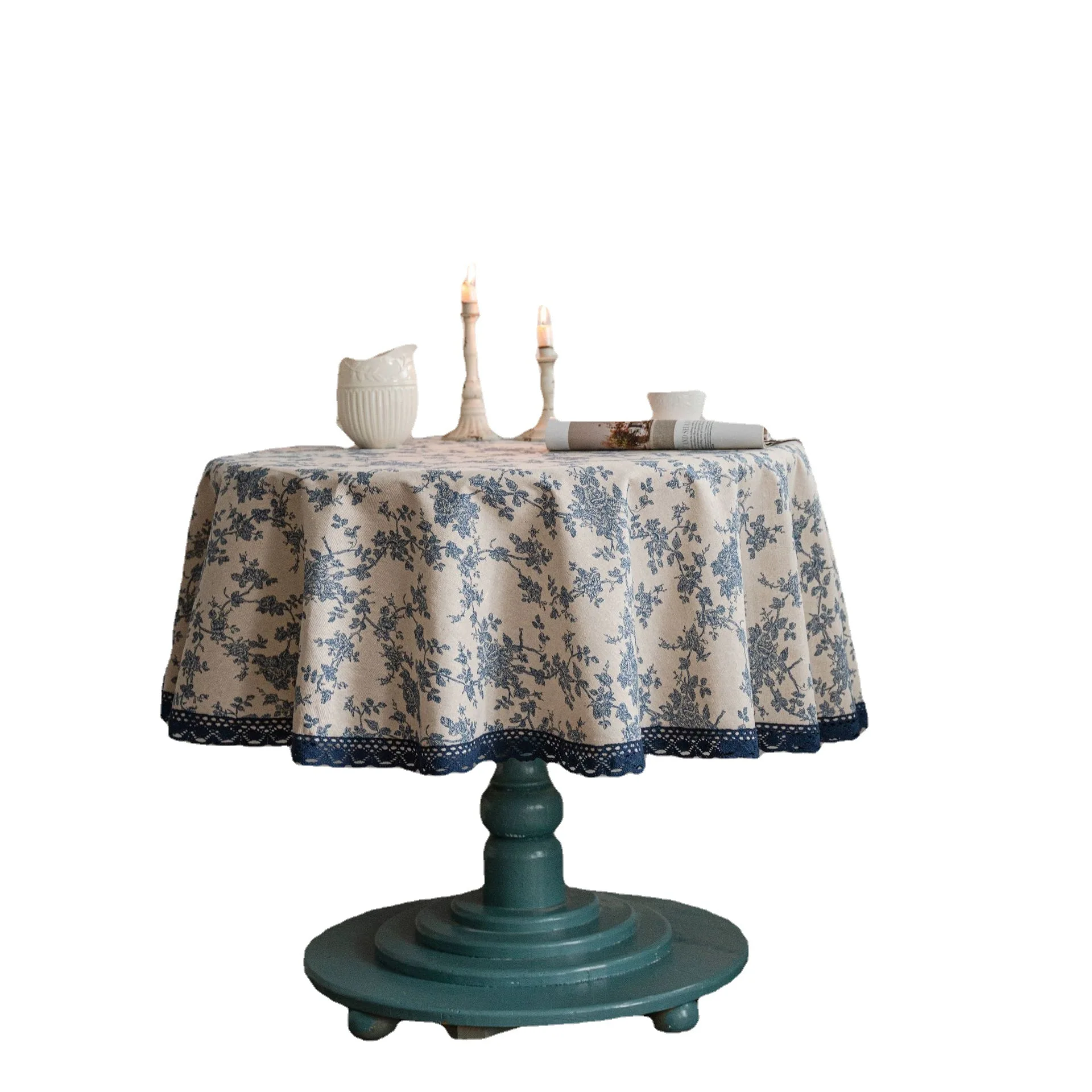 Blue Rose Printed Tablecloth Table Cloth Pastoral Cotton Linen Retro Round Cover for Dining Party Home Decoration |