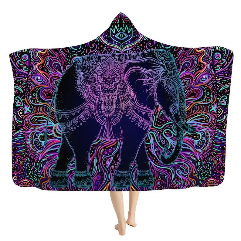 

Hypnotic Tribal Elephant Hooded Blanket - Colorful Animal Blanket, Bohemian Blanket, Elephant Cloak, Wearable Sherpa