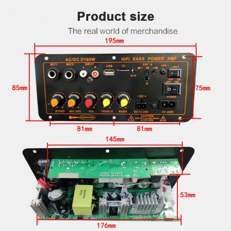 

D100 220V 12V 24V Digital Bluetooth 5.0 Amplifier Board Subwoofer Dual Microphone Amplifiers For 8-12 Inch Speaker 100W