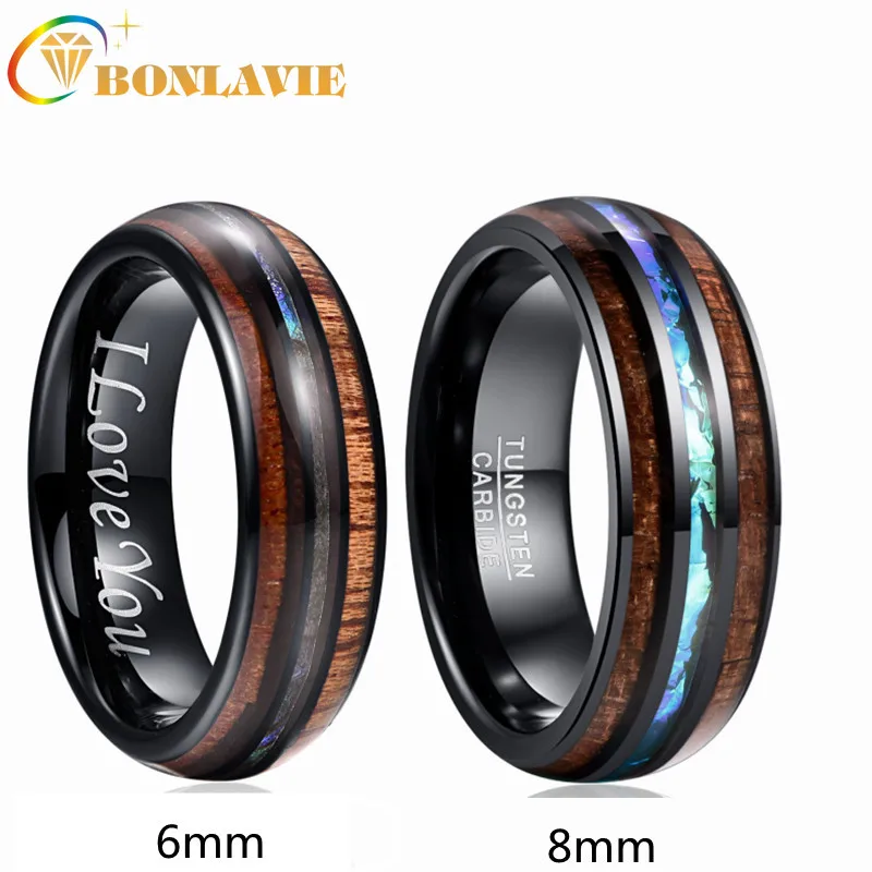 

BONLAVIE 6mm & 8mm Tungsten Carbide Ring Hawaiian Koa Wood and Abalone Shell Steel Rings Wedding Bands for Men