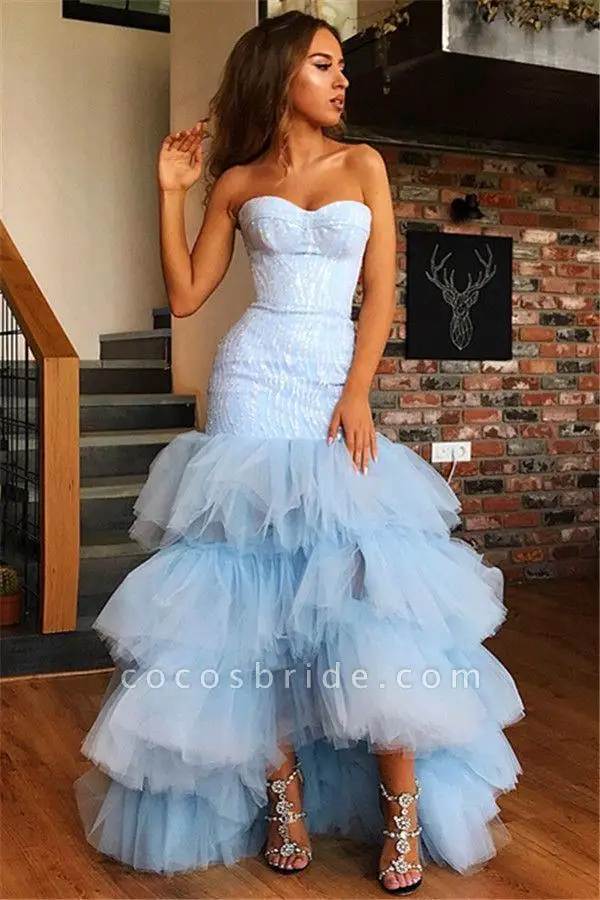 

Modern Organza Tiered Prom Dress Elegant Strapless with Sashes Evening Dress Sequin Mermaid Robe De Soiree