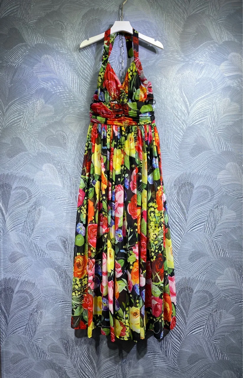 

2022 summer women sexy backless halter long dresses floral printed high waist holiday beach dress B97