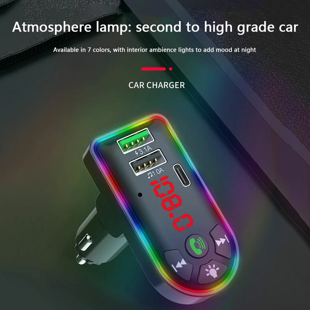 

FM-трансмиттер автомобильный с двумя USB-портами, 7 цветов