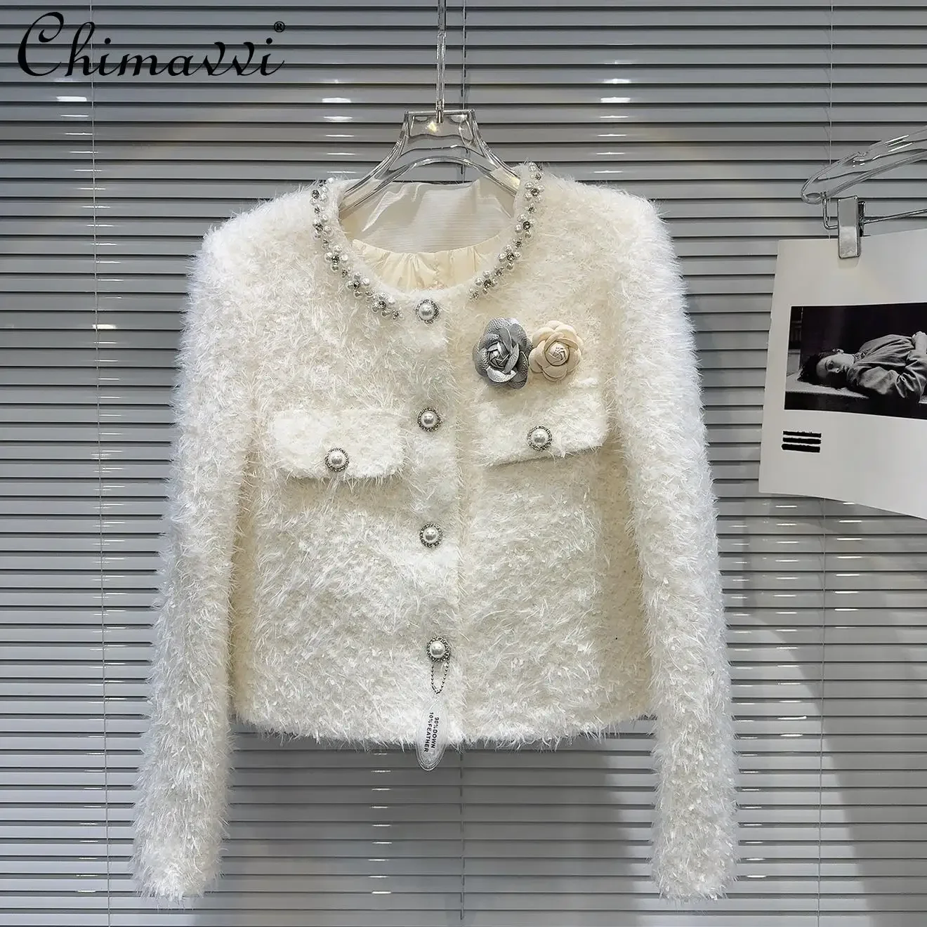 2024 зимняя новая французская модная шерстяная куртка с жемчужными пуговицами и