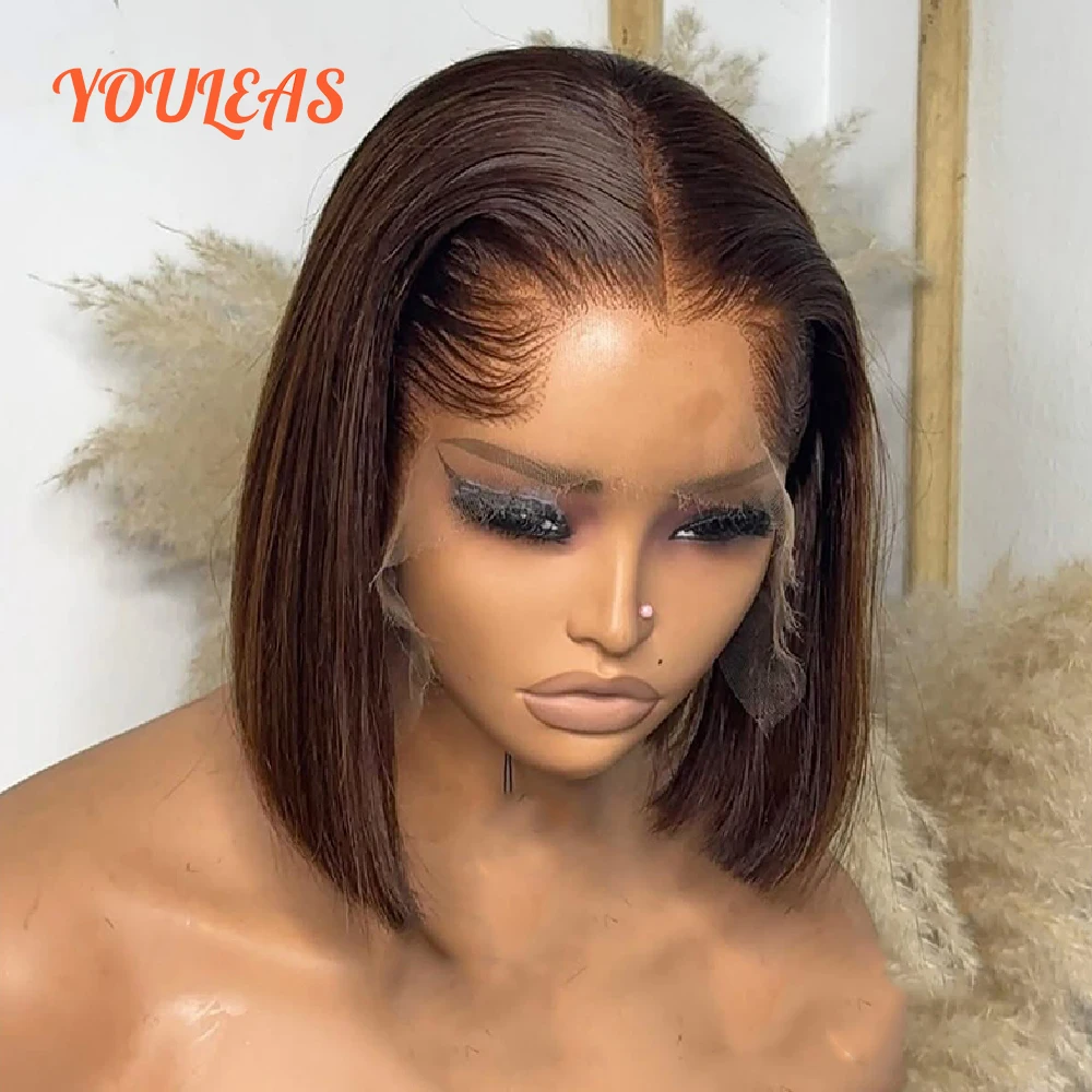 Фото Lagos Hairline Прямой Боб Парик Человеческих Волос Короткие Темно-русые 13x4 HD Кружевные Фронтальные Бесклеевые Парики Предварительно Сорванные Готовые Для Ношения №3