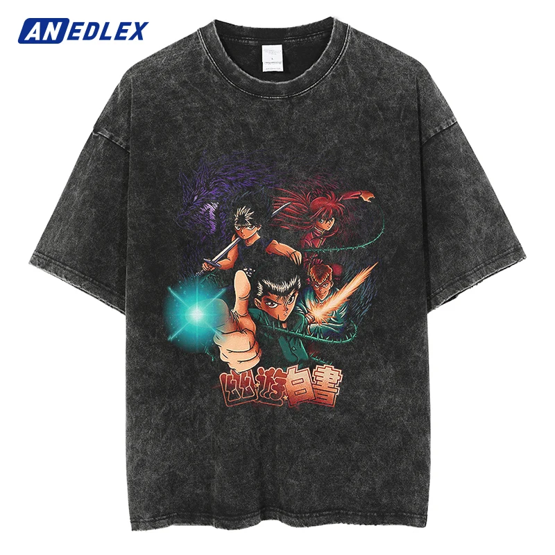 

Футболка мужская с принтом японского аниме, винтажная уличная одежда в стиле хип-хоп, промытая летняя хлопковая рубашка с коротким рукавом в стиле Харадзюку
