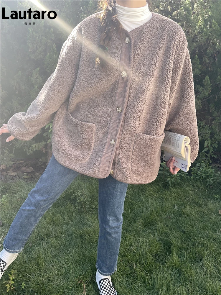 

Lautaro Autumn Winter Loose Casual Thick Warm Soft Faux Lambskin Fur Coat Women Pockets O Neck Korean Fashion Fluffy Jacket 2022