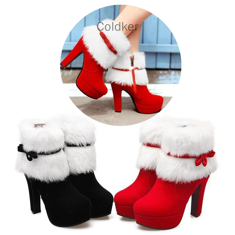 

Размер 35-43, женская зимняя теплая обувь под заказ, Рождественская женская обувь для косплея Санта-Клауса, красные ботильоны на высоком каблу...