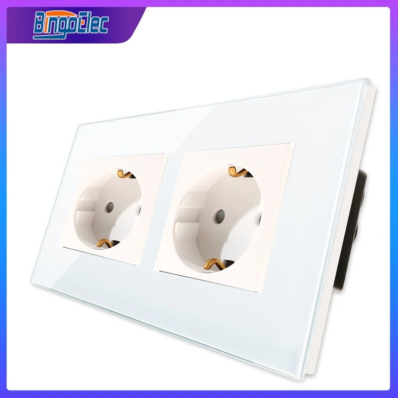 

Bingoelec EU Standard Double Socket Type 16A Wall Socket with Crystal Toughened Glass Panel 86*157mm 220V AC for Home Improvemet