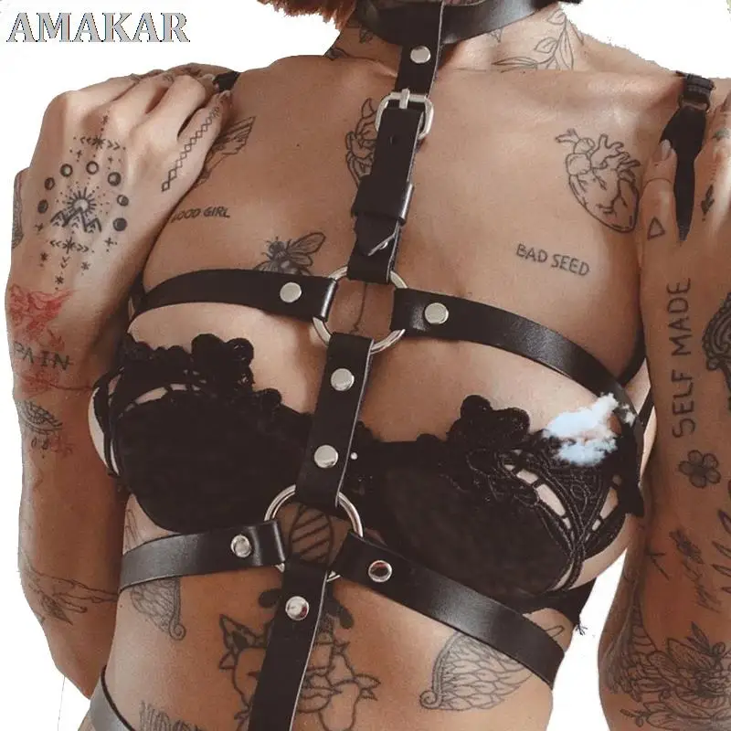 

Goth Sexy Women Sword Belt Harness Bra Leather Chest Bondage Cupless Body Harness Crop Top Erotic Lingerie Cage Suspenders