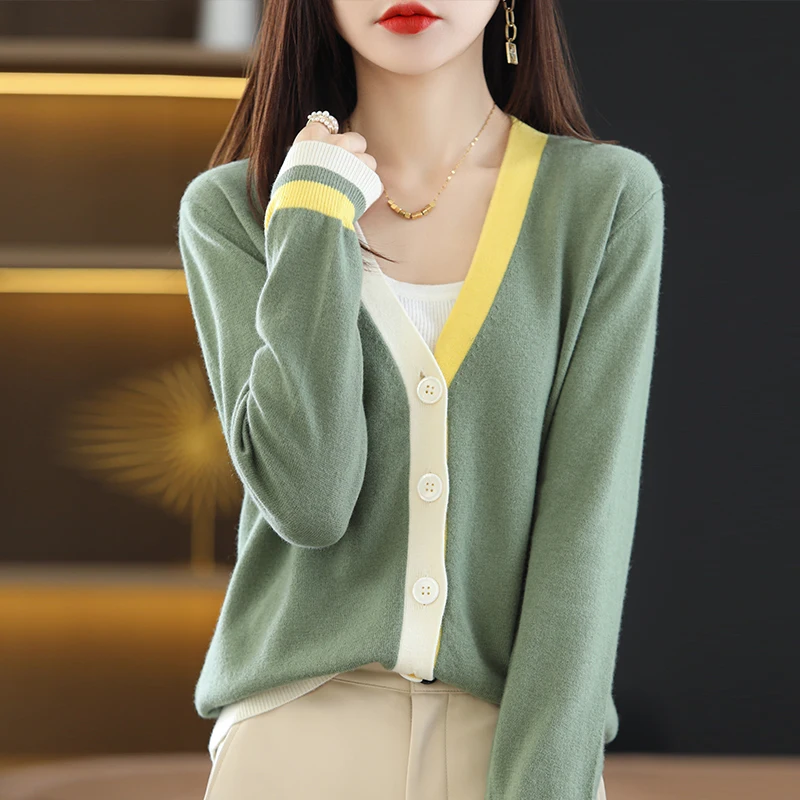 

Hot Sale 2022 Women's 100% Pure Wool Sweater Knitted V-Neck Cardigan Autumn/Winter New Loose Fashion Patckwork Color Clothes