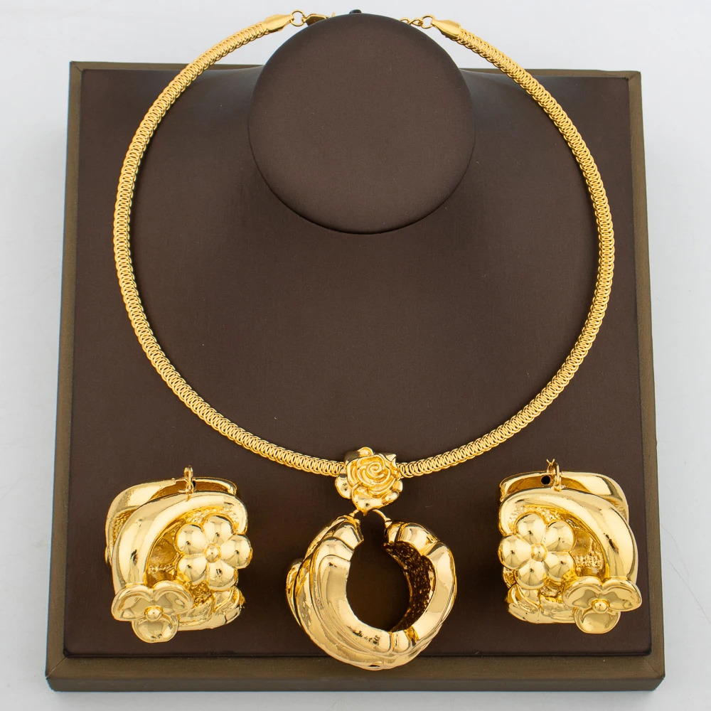 

Brazilian Women Jewelry Set 18k Golden Plated Pendant and Necklace Jewelry Set Weddings Party Daily Wear Nigerian Accessories