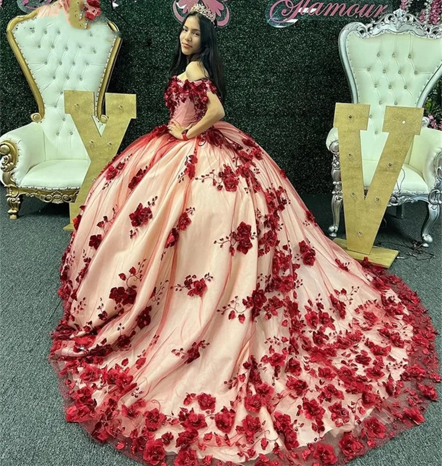 Charming Red Quinceanera Dresses 2023 Formal Prom Gowns 3D Flowers Cinderella Birthday Princess Vestidos De Sweet 15 Años16