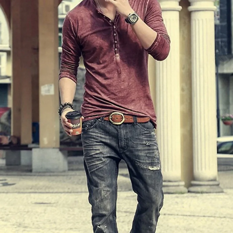 

B6220 Vintage Men Shirt Cotton Solid Color Long Sleeve Shirts Casual Mens Blouse Henley T-Shirts Crew Neck With Button Slim