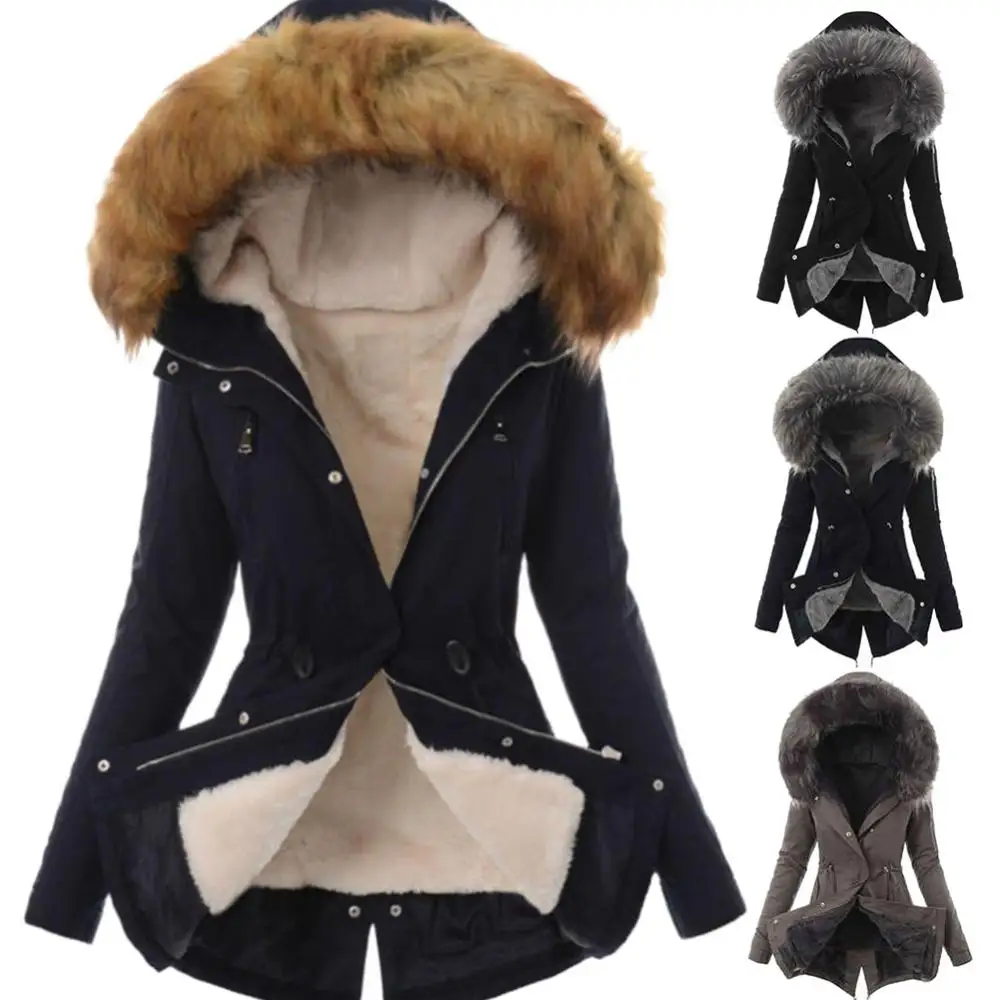 

Warm Winter Women Faux Fur Hooded Cotton Down Jacket Casual Outwear Long Overcoat