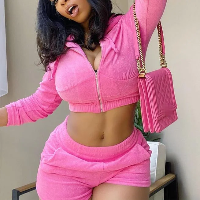 Pink Casual Two Piece Set Zipper Hoodie Crop Top and Pants Tracksuit Women Set Solid 2 Piece Set Women Autumn Summer Outfits New