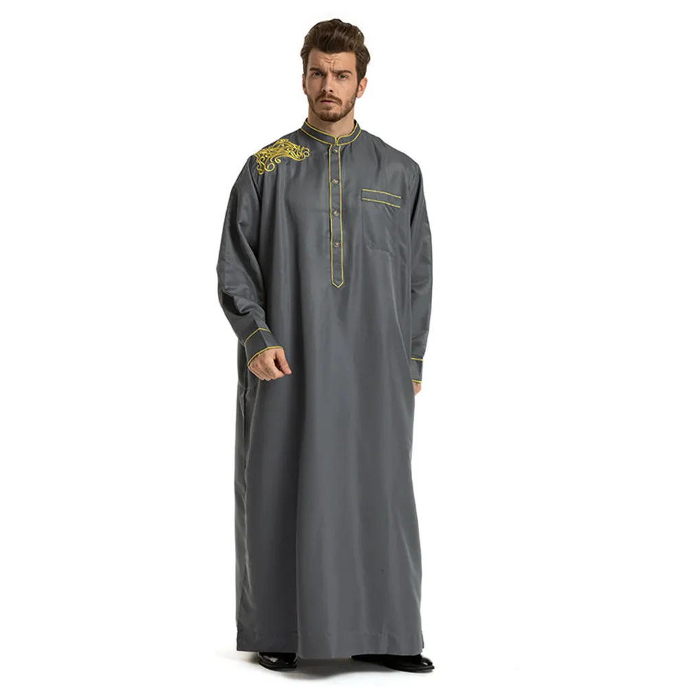 

Men's Muslim Robe Daily Casual Commuter Middle East Muslim Ethnic Embroidered Long Sleeve Loose Stand Collar Robe For Men Africa