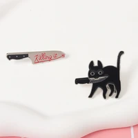 new killer cat enamel pins funny animal kitten knife badge for shirt coat lapel pin cartoon brooches jewelry gifts for friend
