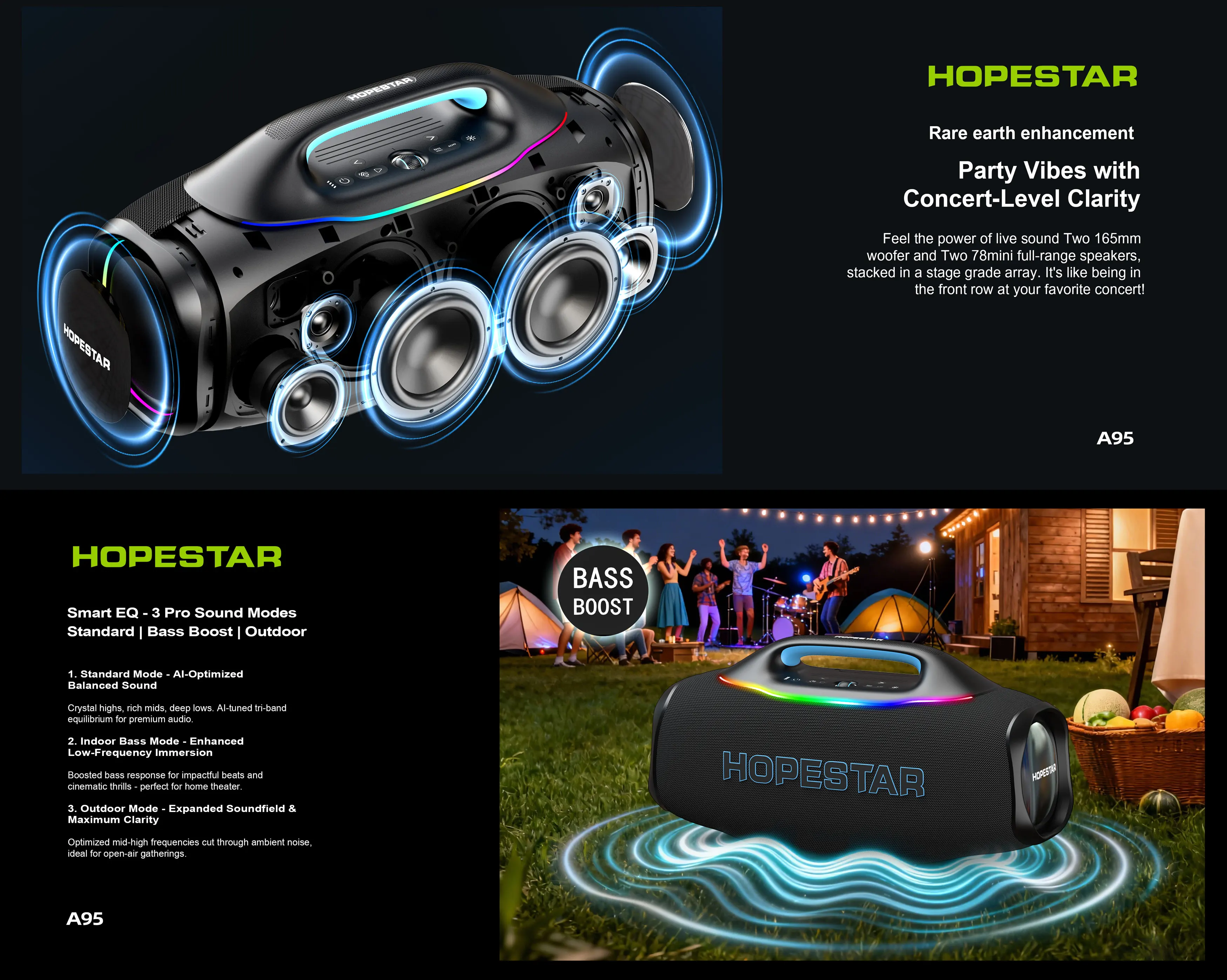 Фото Портативная Bluetooth-колонка HOPESTAR A95 580W с беспроводным микрофоном UHF, аккумулятором 40000 мАч, RGB-подсветкой и функцией AuraCast для использования на улице №3