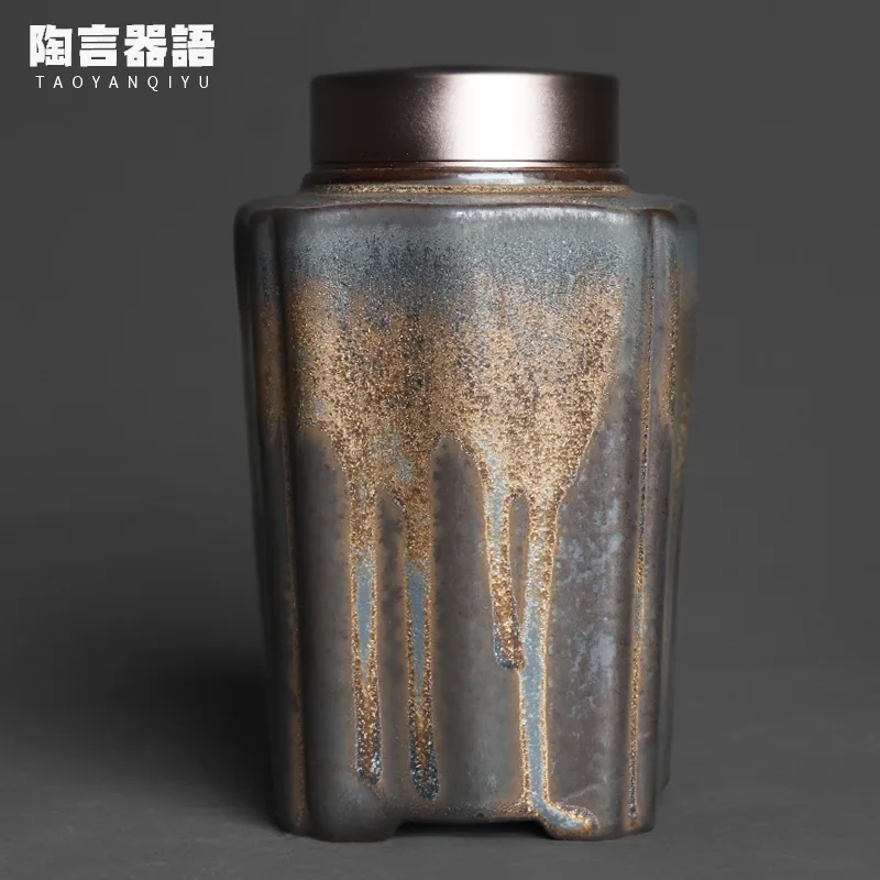 

Square gradient black gold sealed storage jar tin alloy lid retro pottery coffee bean tea fruit preserved cat and dog food stora