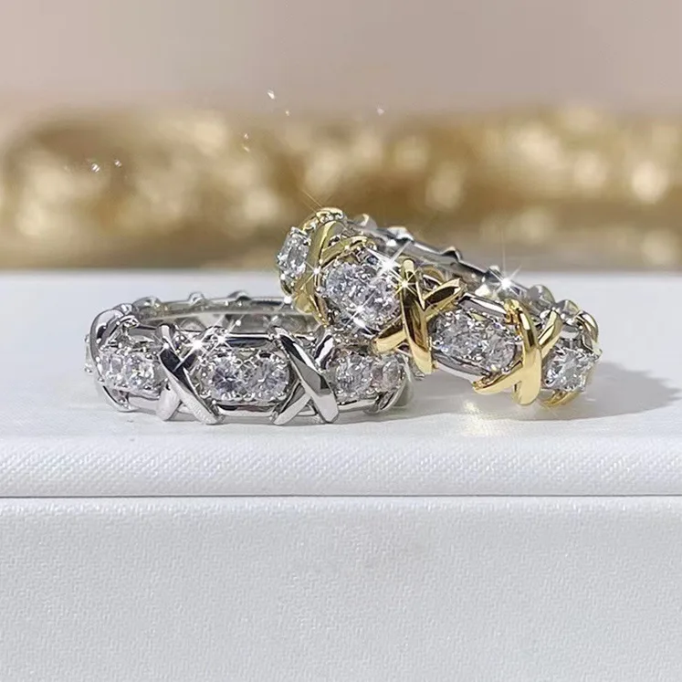 Бренд 4 мм Lab Циркон 14 К Желтое Золото Крест Вечный Обручальное Кольцо для Женщин