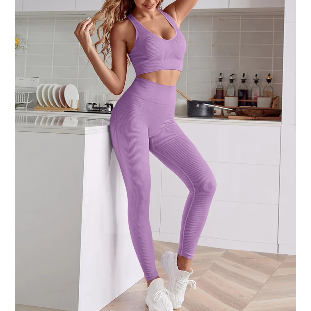 

2 Piece Gym Yoga Set Women Sport Set Sports Bra+High Waist Leggings Ribbed Sports Suit Athletic Yoga Set for Women Outfits