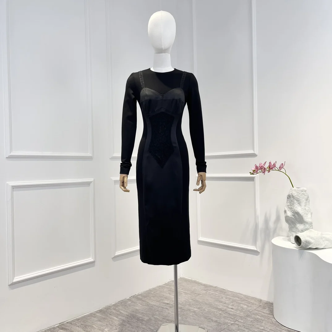 

New 2022 Early Autumn Top Quality Patch Design Embroidery Bodycon Slim Solid Black Midi Dress for Fashion Lady