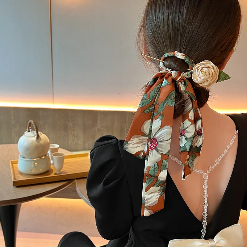 

Printed Fabric Silk Scarves, Flower Leaf Hairpins, Chinese Style, Minority Retro Fashionable Temperament, Headwear,
