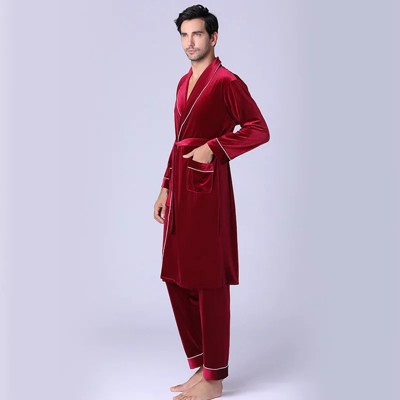 Velvet Man's Pajamas Sets Robes and Pants Wine/Navy 2 Pieces Sleepwear Home Wear Size L XL XXL