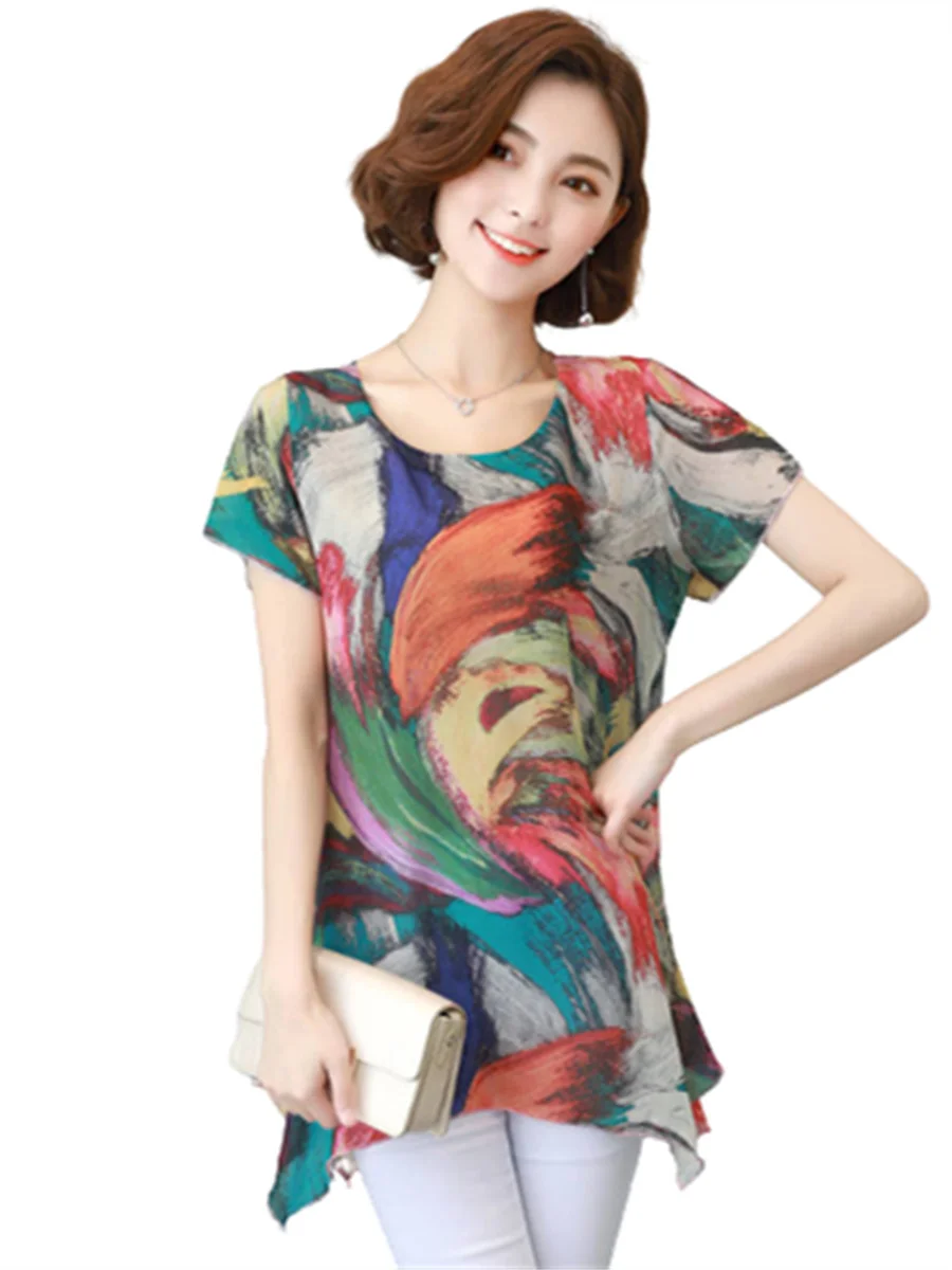 Блузка женская демисезонная с коротким рукавом и круглым вырезом |