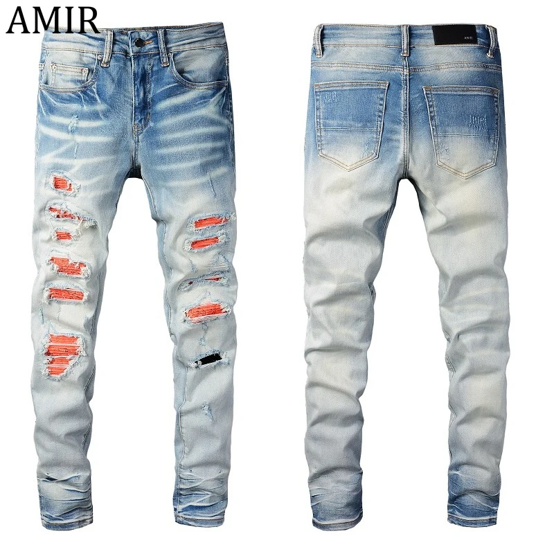 

Best Quality AMR I Jeans Men Patchwork Ripped Jeans Men Stacked Jeans Personality High Street Men Blue Ripped Patch Slim Jeans