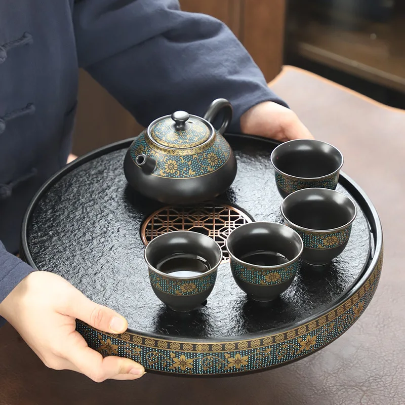 

Ceramic Round Tea Tray Japanese Water Storage Kung Fu Living Room Tea Ceremony Tray Food Drainer Plateau Rond Table Decor OB50CP