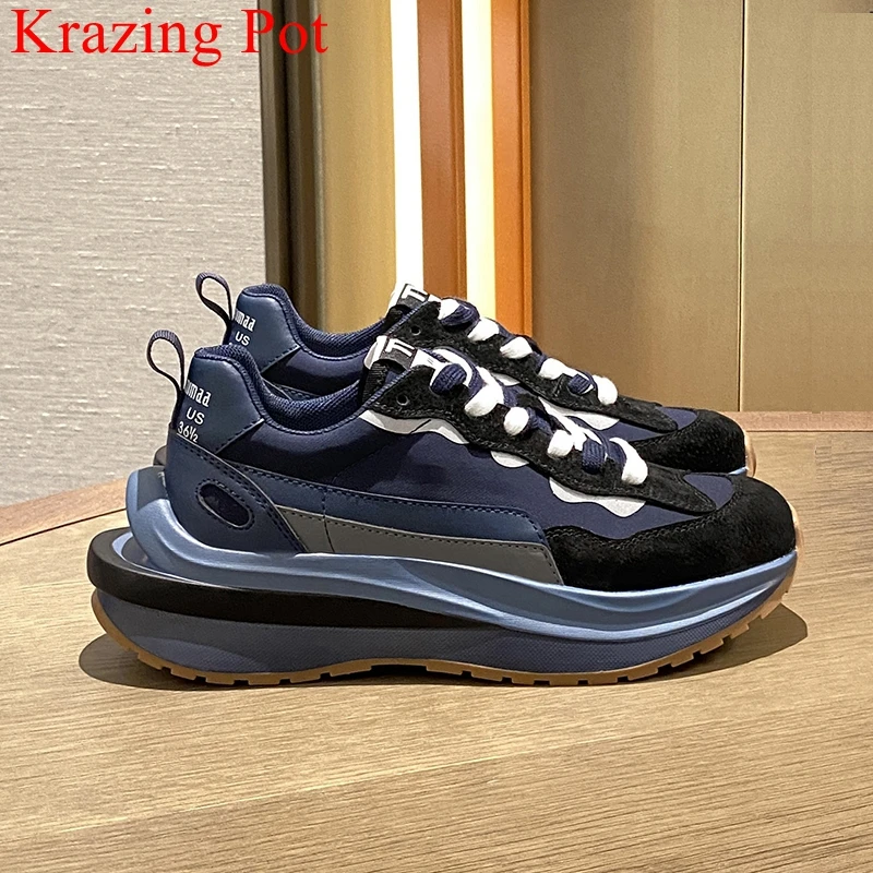 

Krazing Pot INS cow suede breathable mesh round toe lace up increased casual shoes white sneaker platform sport vulcanized shoes