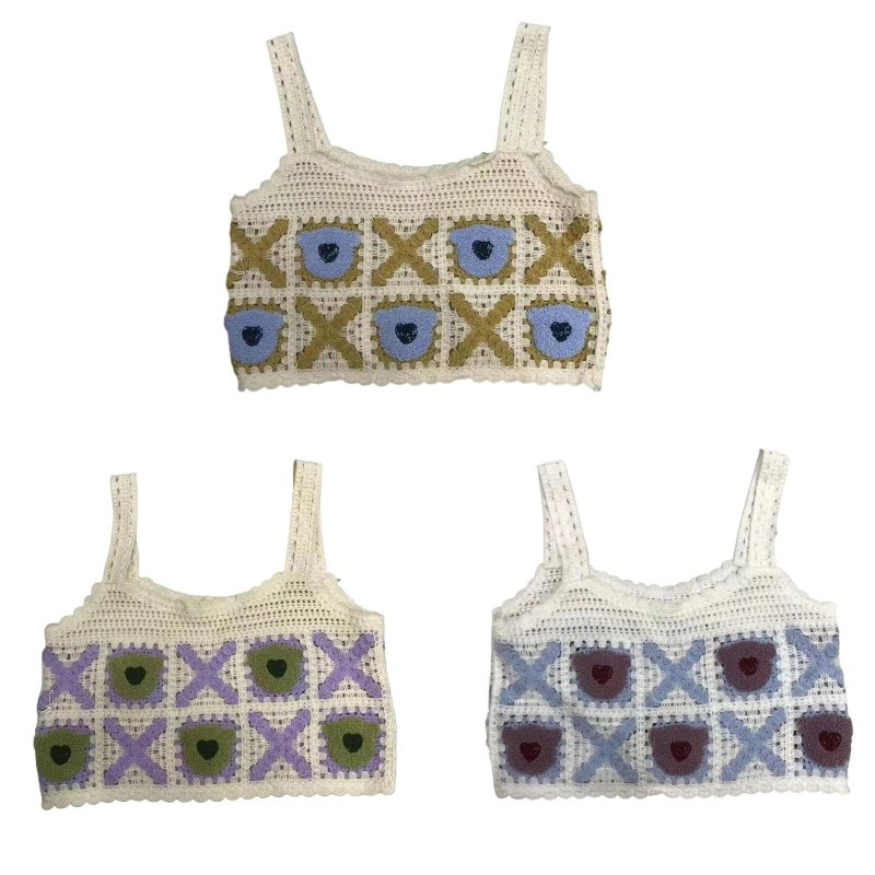 

Hollow Crochet Cami Vest Women Knitted Embroidery Bear Loose Sleeveless Crop Top