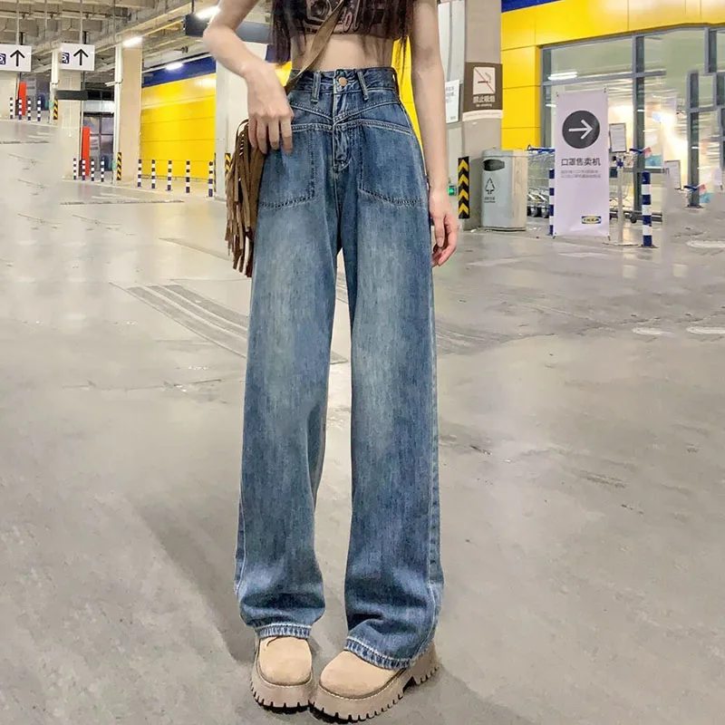 

Retro Blue Straight Jeans Women 2023 Summer Thin High Wiast Denim Wide Leg Trousers Female Streetwear Y2K Baggy Jean Pants Woman