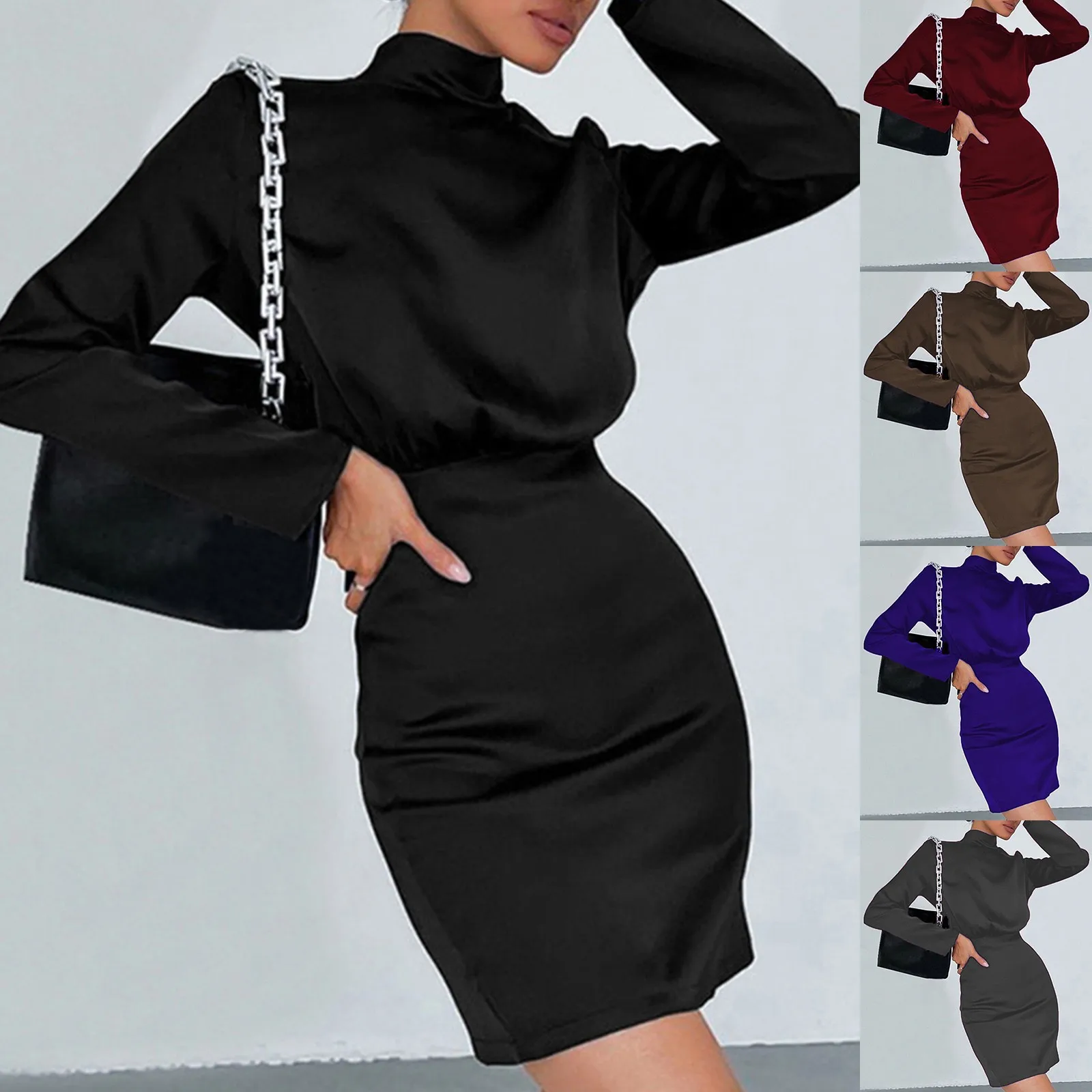 

Women Fashion Solid Backless Dress Bow High Neck Sexy Hip Wrap Dress Cotton Dress Pockets