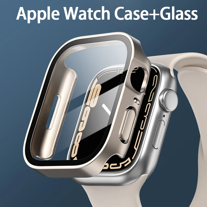 

Glass+Case for Apple Watch 8 7 45mm 41mm 44mm 40mm Screen Protector Cover Straight Edge Bumper iWatch Series 4 5 SE Accessories