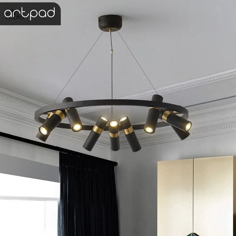 

Round Pendant Lamp Black Iron Rotatable Living Room Bedroom Suspended Light Fixtures Modern Chandelier Dinning Room Lights Gu10