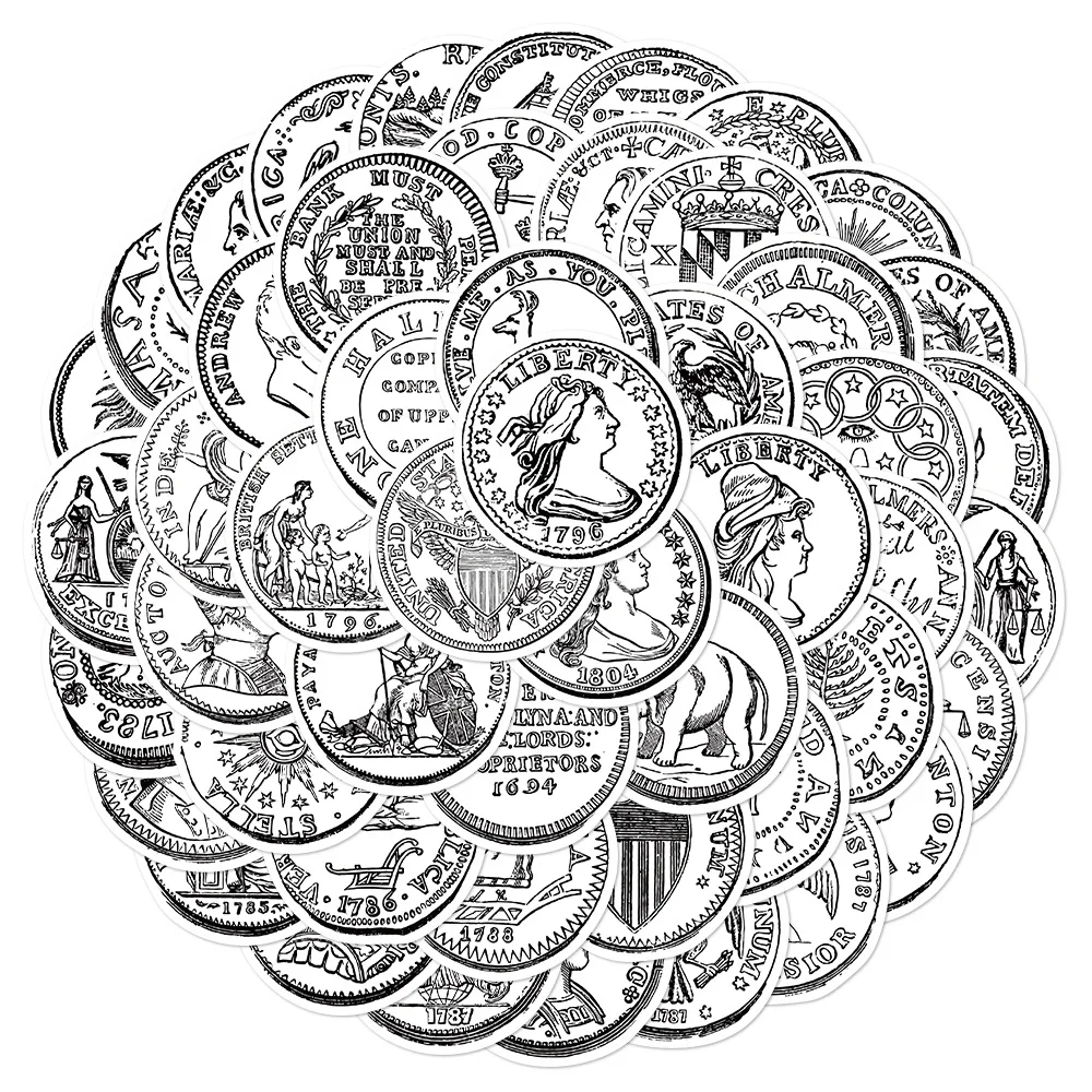 

50 шт. Взнтажные черно-белые наклейки с монетами