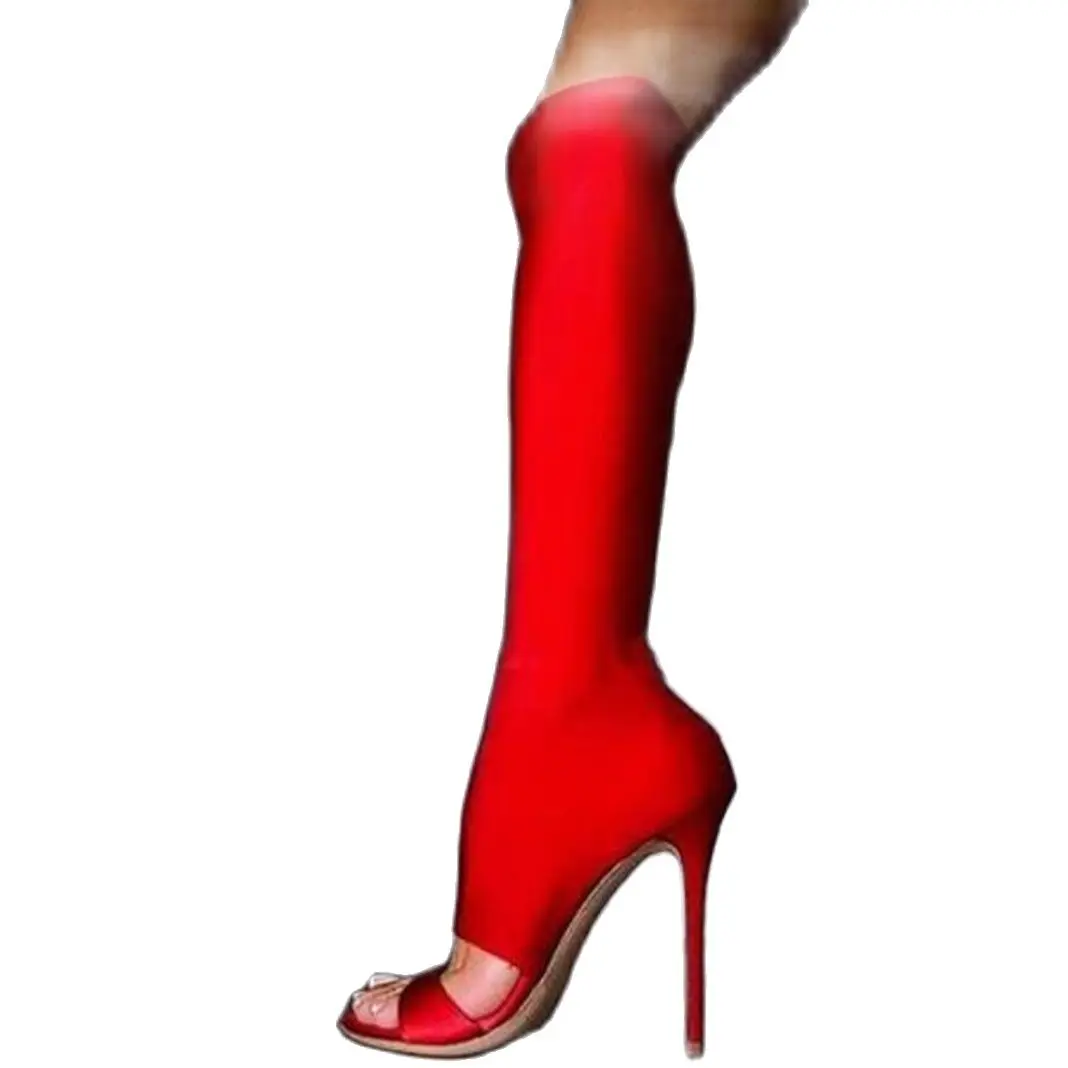 Botas Mujer Wholesale Price Red Grey Elastic Fabric Knee High Sandals Boots Peep Toe Gladiator Sandals Boots For Women Summer