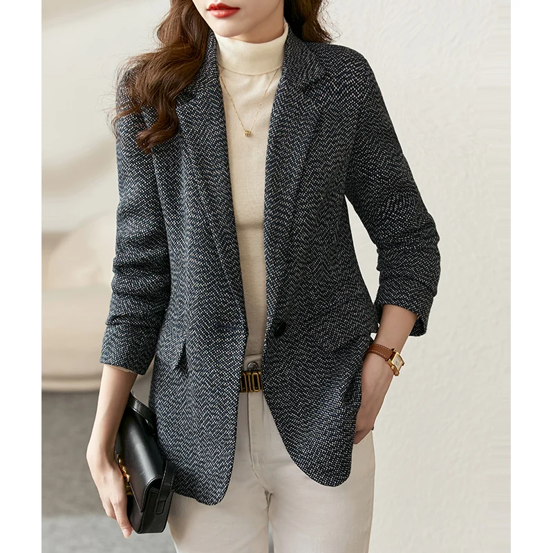 Vimly Fashion Woman Blazer Tailoring 2022 Winter Coats Chic and Elegant Female Ladies Slim Woolen Blazer Jackets for Women V6632