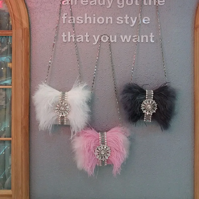 

Women's Handbag Ostrich Feather Square Bag Crystal Shiny Rhinestone Diamond Evening Bag Dinner Party Clutch Purse Shoulder Bag