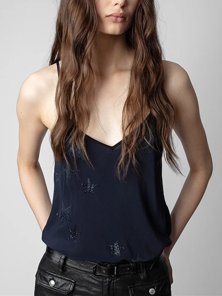 

Women Hot Drilling Rhinestones Stars V-Neck Camisole Sleeveless Sling Top