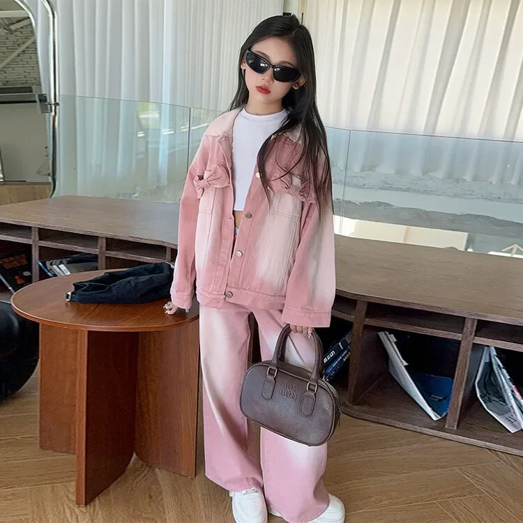 baby girl's garnitur zestaw wiosenny i jesienny 2024 nowe średnie duże dzieci modny płaszcz dżinsowy prosty 2-częściowy