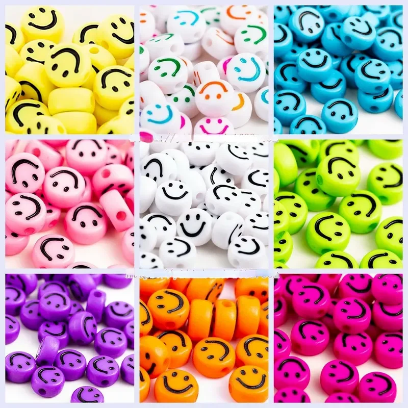 

New in 100Pcs Multicolor Acrylic Smiley Face Beads For DIY Bracelet Jewelry Making Accessories Plastic Flat Round Cartoon Smilin